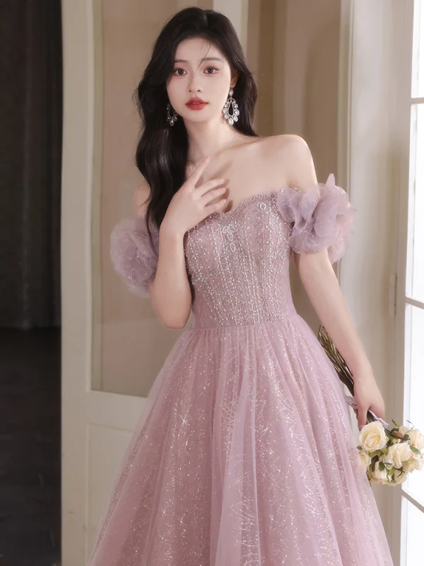 Bling Bling Rougissant Rose Perlage Paillettes Robe De Bal 2024 Princesse De l'épaule Manches Courtes Dos Nu Longue Promo Robe De Ceremonie