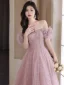 Bling Bling Rougissant Rose Perlage Paillettes Robe De Bal 2024 Princesse De l'épaule Manches Courtes Dos Nu Longue Promo Robe De Ceremonie