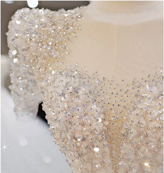 Charming White Beading Sequins Court Train Wedding Dresses 2024 Ball Gown Scoop Neck Short Sleeve Backless Wedding