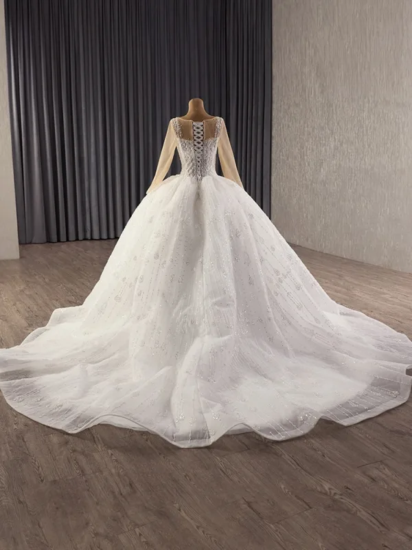 Luxury / Gorgeous White Handmade  Beading Sequins Pearl Wedding Dresses 2025 Ball Gown Scoop Neck Long Sleeve Chapel Train Wedding