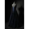 Chic / Beautiful Navy Blue Rhinestone Velvet Prom Dresses 2024 A-Line / Princess Strapless Sleeveless Backless Floor-Length / Long Prom Formal Dresses