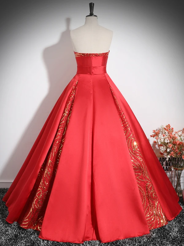 Elegant Red Sequins Satin Prom Dresses 2024 Ball Gown Strapless Sleeveless Backless Floor-Length / Long Prom Formal Dresses
