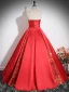 Elegant Red Sequins Satin Prom Dresses 2024 Ball Gown Strapless Sleeveless Backless Floor-Length / Long Prom Formal Dresses