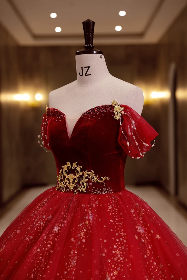 Chic / Beautiful Red Star Sequins Suede Prom Dresses 2022 Ball Gown Off-The-Shoulder Short Sleeve Backless Beading Floor-Length / Long Formal Dresses
