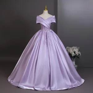 Élégant Lavande Perlage Paillettes Robe De Bal 2026 Robe Boule De L Épaule Manches Courtes Dos Nu Longue Robe De Ceremonie