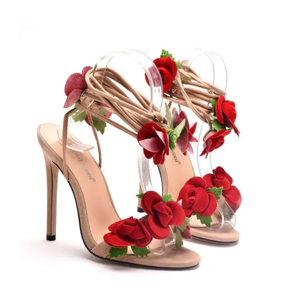 Flower Fairy Beige Prom Appliques Womens Sandals 2025 Ankle Strap 11 cm Stiletto Heels Open / Peep Toe Sandals High Heels