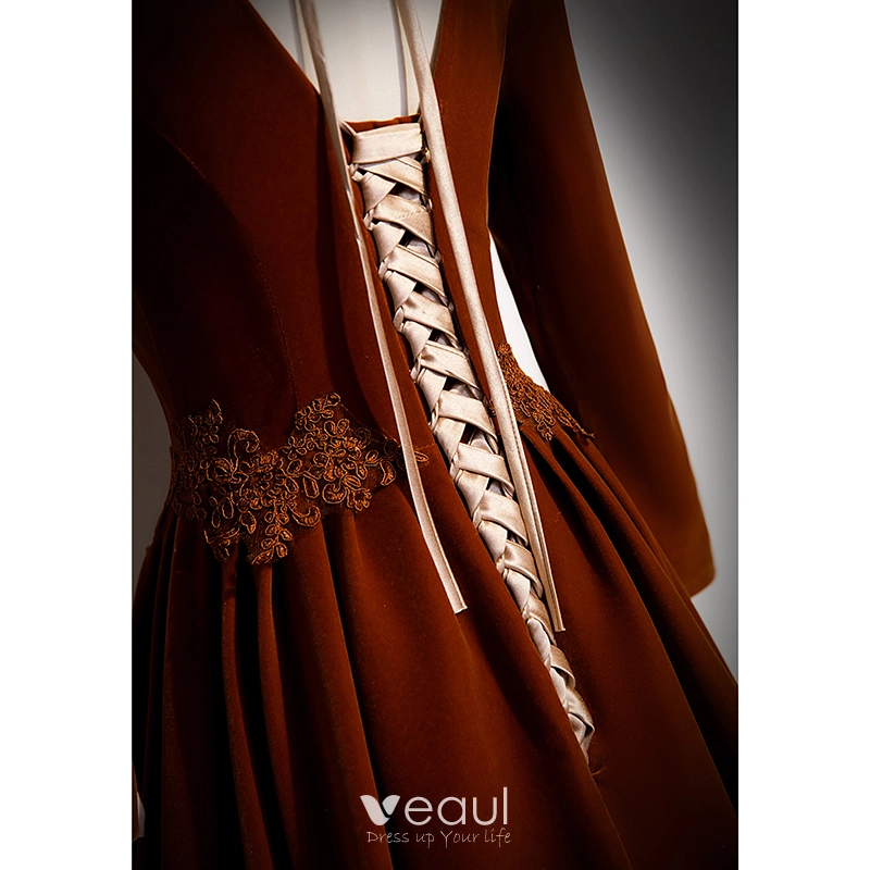 Vintage Retro Brown Velour Suede Fall Winter Prom Dresses 2023 A Line Princess Square Neckline Long Sleeve Backless Bow Sweep Train Prom Formal Dresses Vintage Retro Brown Velour Suede Fall Winter Prom Dresses 2023 A Line Princess Square Neckline Long Sleeve Backless Bow Sweep Train Prom Formal Dresses