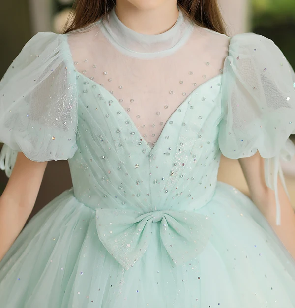 Chic / Belle Vert Cendré Paillettes Noeud Anniversaire Robe Ceremonie Fille 2024 Robe Boule Col Haut Gonflée Manches Courtes Longue