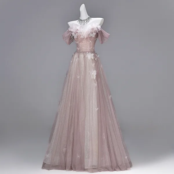 Chic / Beautiful Blushing Pink Sequins Lace Flower Butterfly Appliques Prom Dresses 2026 A-Line / Princess Off-The-Shoulder Short Sleeve Backless Floor-Length / Long Formal Dresses