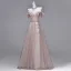 Chic / Beautiful Blushing Pink Sequins Lace Flower Butterfly Appliques Prom Dresses 2026 A-Line / Princess Off-The-Shoulder Short Sleeve Backless Floor-Length / Long Formal Dresses
