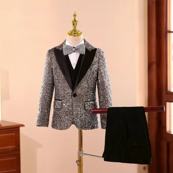 Sexy Grey Sequins 5 Piece Long Sleeve Boys Wedding Suits 2025 Coat Pants Shirt Tie Vest Wedding