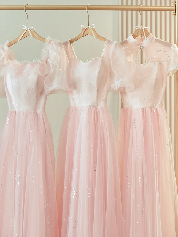 Simple Rougissant Rose Paillettes Robe Demoiselle D'honneur 2024 Princesse Manches Courtes Dos Nu Longue