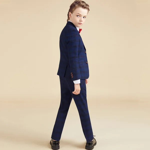 Fashion Navy Blue Plaid Long Sleeve Boys Wedding Suits 2023 6-piece Coat Pants Shirt Tie Vest Wedding