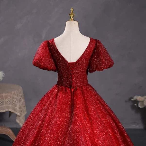 Bling Bling Burgundy Sequins Lace Flower Prom Dresses 2023 Square Neckline Puffy Short Sleeve Backless Floor-Length / Long Prom Formal Dresses