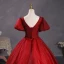 Bling Bling Burgundy Sequins Lace Flower Prom Dresses 2023 Square Neckline Puffy Short Sleeve Backless Floor-Length / Long Prom Formal Dresses