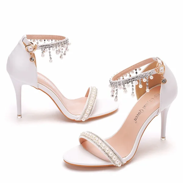 Charming White Pearl Rhinestone Wedding Shoes 2022 9 cm Stiletto Heels Open / Peep Toe Wedding Sandals High Heels