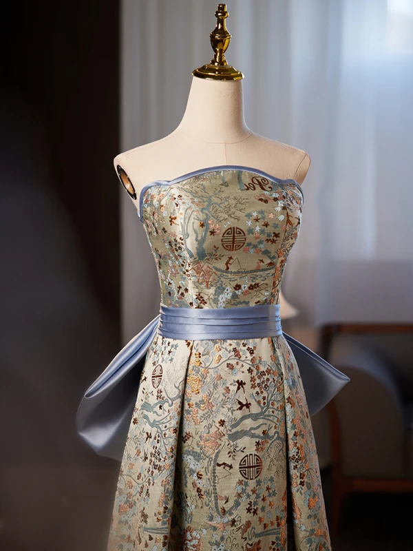 Chinese style Printing Prom Dresses 2024 A-Line / Princess Sleeveless Strapless Backless Bow Floor-Length / Long Prom Formal Dresses