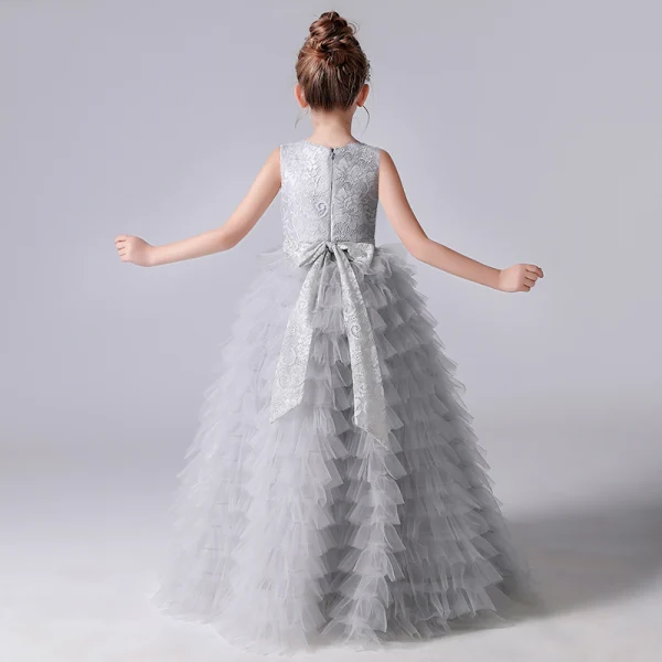 Chic / Beautiful Grey Cascading Ruffles Birthday Flower Girl Dresses 2022 A-Line / Princess Scoop Neck Sleeveless Bow Sash Floor-Length / Long Flower Girl Dresses