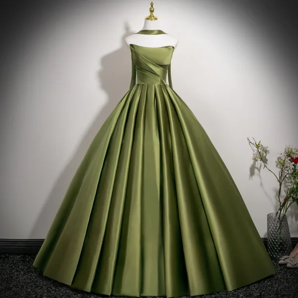 Fashion Sage Green Satin Prom Dresses 2025 Ball Gown Strapless Sleeveless Backless Floor-Length / Long Formal Dresses