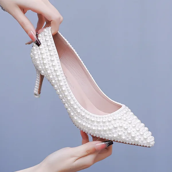 Elegante Abrikoos / Beige Parel Huwelijk Pumps Hoge Hakken 2025 7 cm Naaldhakken / Stiletto Spitse Neus Bruidsschoenen