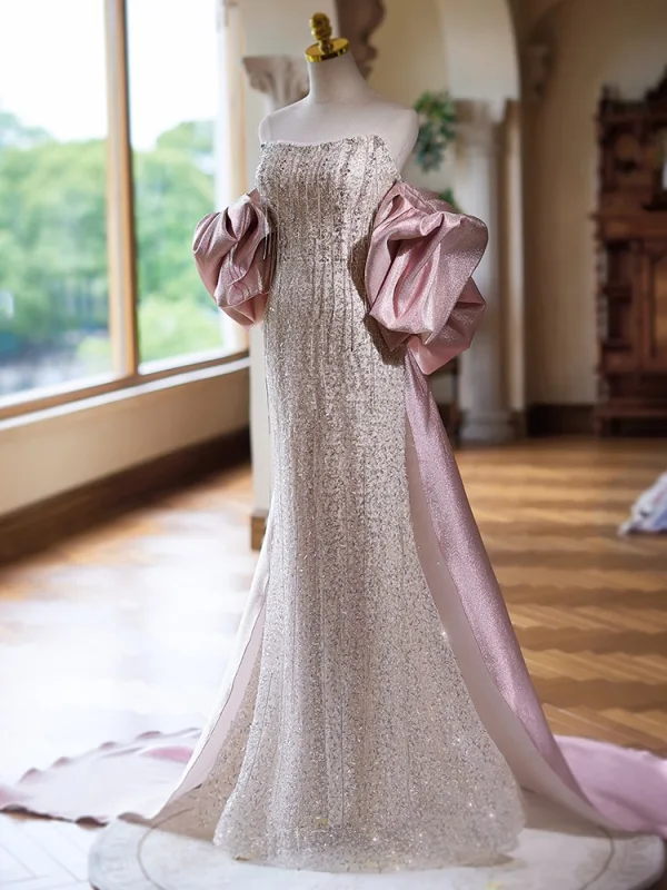 Charmant Rougissant Rose Perlage Faux Diamant Robe De Bal 2024 Trompette / Sirène Encolure Dégagée Manches Courtes Dos Nu Noeud Longue Promo Robe De Ceremonie