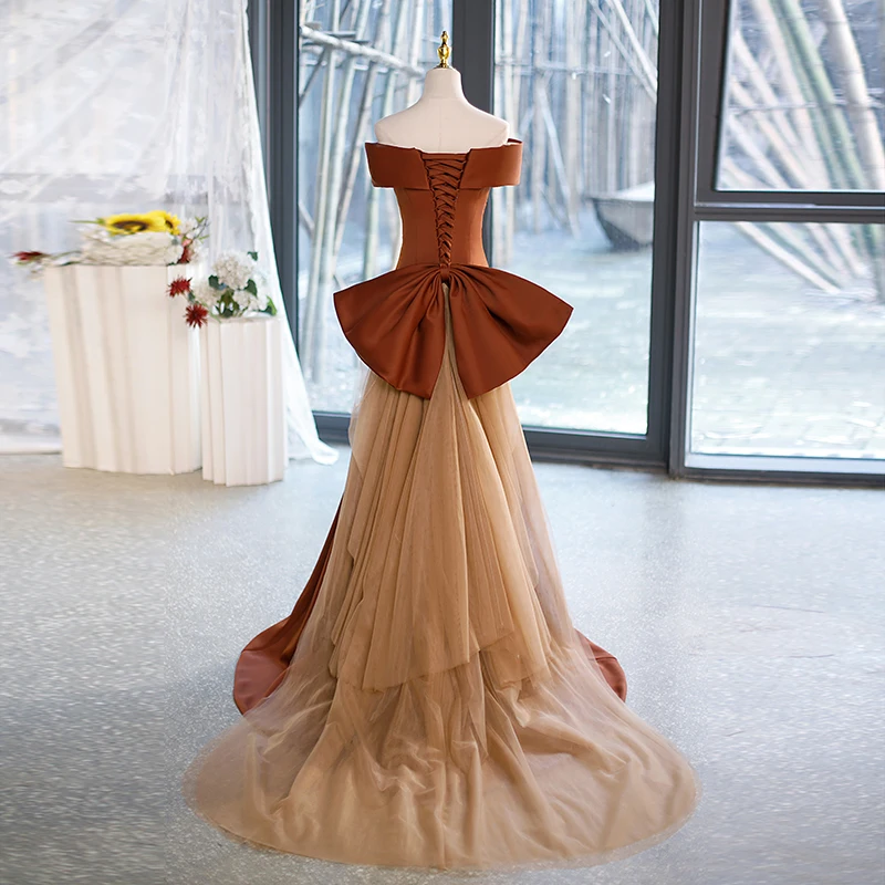 Chic Beautiful Brown Organza Satin Prom Dresses 2023 Trumpet Mermaid Off-The-Shoulder