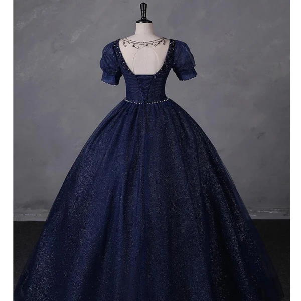 Vintage / Retro Navy Blue Beading Pearl Sequins Prom Dresses 2023 Ball Gown Square Neckline Short Sleeve Backless Floor-Length / Long Prom Formal Dresses