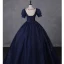 Vintage / Retro Navy Blue Beading Pearl Sequins Prom Dresses 2023 Ball Gown Square Neckline Short Sleeve Backless Floor-Length / Long Prom Formal Dresses