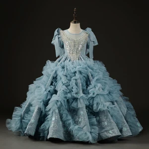 Luxe Bleu Ciel Perlage Perle Paillettes Volants En Cascade Anniversaire Robe Ceremonie Fille 2023 Robe Boule Encolure Dégagée Manches Courtes Noeud Dos Nu Train De Balayage