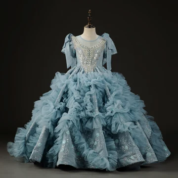 Luxury Gorgeous Sky Blue Beading Pearl Sequins Cascading Ruffles Birthday Flower Girl Dresses 2023 Ball Gown Scoop Neck Short Sleeve Bow Backless Sweep Train