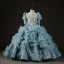 Luxury / Gorgeous Sky Blue Beading Pearl Sequins Cascading Ruffles Birthday Flower Girl Dresses 2023 Ball Gown Scoop Neck Short Sleeve Bow Backless Sweep Train