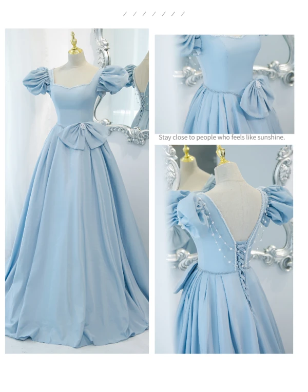 Style Audrey Hepburn Bleu Ciel Dos Nu Robe De Bal 2021 Encolure Carrée Manches Courtes Bretelles croisées Longue Satin Promo Princesse Robe De Cérémonie