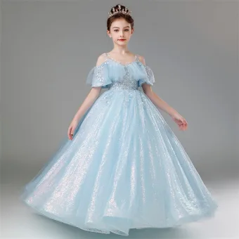 Chic Beautiful Sky Blue Beading Sequins Birthday Flower Girl Dresses 2024 Ball Gown Scoop Neck Short Sleeve Floor Length Long Tulle