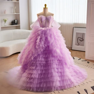 Charming Lavender Cascading Ruffles Pearl Prom Dresses 2023 Ball Gown Off The Shoulder Short Sleeve Backless Court Train Prom Formal Dresses