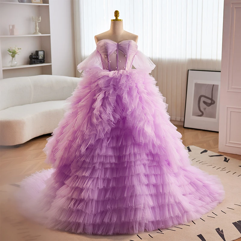 Charming Lavender Cascading Ruffles Pearl Prom Dresses 2023 Ball Gown Off-The-Shoulder