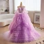Charming Lavender Cascading Ruffles Pearl Prom Dresses 2023 Ball Gown Off-The-Shoulder Short Sleeve Backless Court Train Prom Formal Dresses