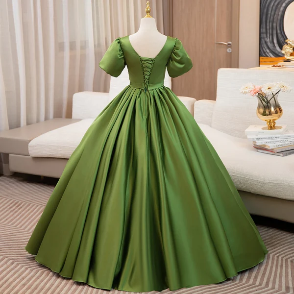 Elegant Green Rhinestone Sash Prom Dresses 2024 Ball Gown Square Neckline  Short Sleeve Backless Floor-Length /