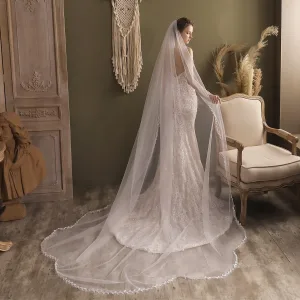 Modest Simple White Handmade Lace Leaf Wedding Veils 2025 2 M Sweep Train Tulle
