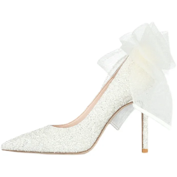 Charmant Ivory / Creme Schleife Pailletten Brautschuhe 2022 10 cm Stilettos Spitzschuh Hochzeit Pumps Hochhackige