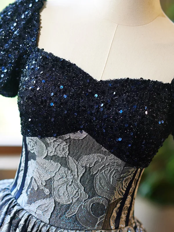Vintage / Retro Navy Blue Beading Sequins Printing Prom Dresses 2024 Ball Gown Square Neckline Short Sleeve Backless Floor-Length / Long Prom Formal Dresses