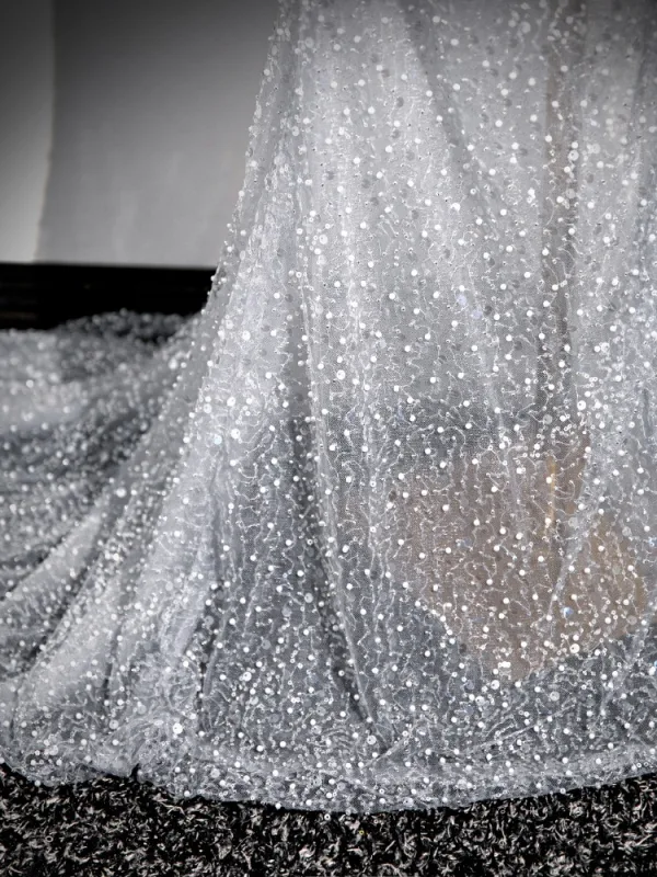 Bling Bling Gris Perlage Paillettes Robe De Bal 2024 Trompette / Sirène De l'épaule Gland Sans Manches Dos Nu Promo Train De Balayage Robe De Ceremonie