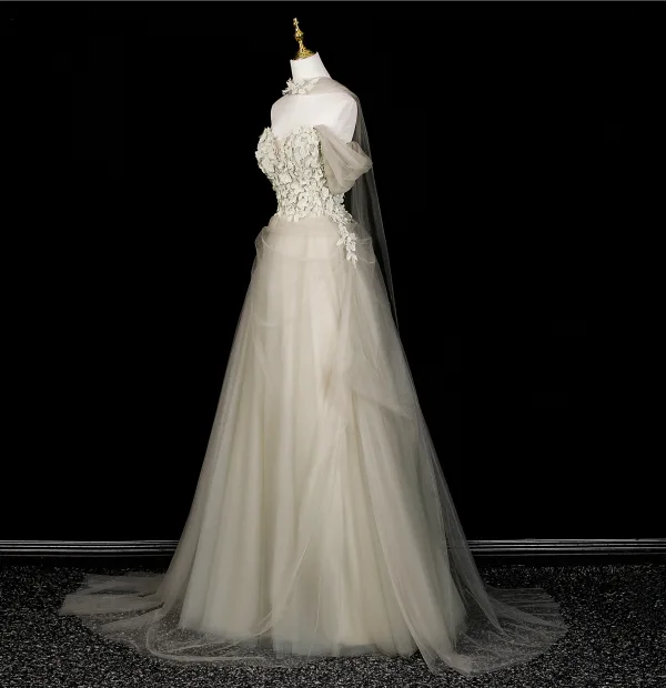 Chic / Belle Vert Cendré Perlage Paillettes Appliques Robe De Bal 2026 Princesse De l'épaule Manches Courtes Dos Nu Longue Robe De Ceremonie