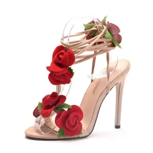 Chic Belle Beige Été Jardin Extérieur Appliques Sandales Femme 2023 Bride Cheville 11 Cm Talons Aiguilles Peep Toes Bout Ouvert Sandales Talons Hauts