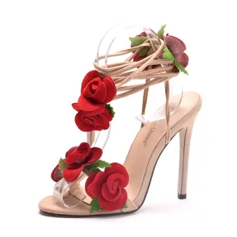 Flower Fairy Beige Prom Appliques Womens Sandals 2025 Ankle Strap 11 Cm Stiletto Heels Open Peep Toe Sandals High Heels