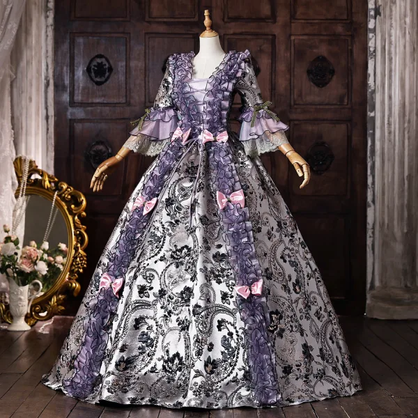 Vintage Mittelalterlich Violett Stickerei Ballkleider 2026 Ballkleid Rundhalsausschnitt Glockenhülsen Lange Festliche Kleider