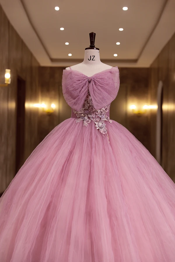 Charming Fuchsia Pearl Prom Dresses 2022 Ball Gown Spaghetti Straps Bow Sleeveless Backless Lace Flower Floor-Length / Long Formal Dresses