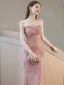 Glitzernden Rosa Pailletten Abendkleider 2023 Bandeau Meerjungfrau Ärmellos Rückenfreies Lange Abend Festliche Kleider