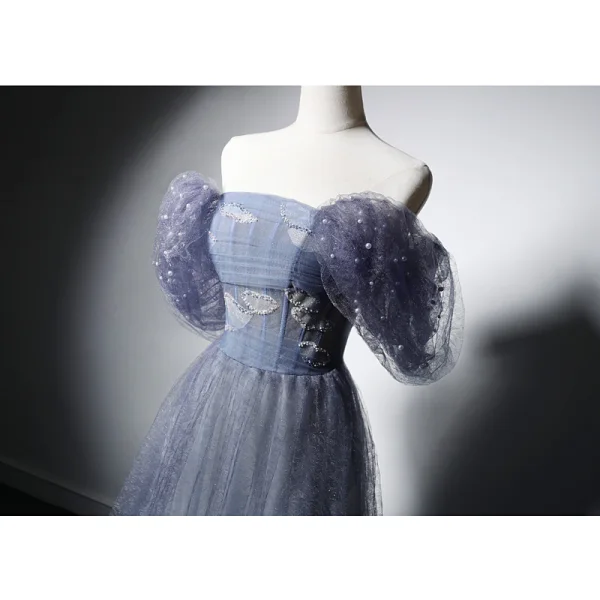 Charmant Océan Bleu Perlage Perle Paillettes Robe De Soirée 2022 Princesse De l'épaule Manches Courtes Dos Nu Longue Promo Robe De Ceremonie