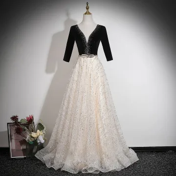 Exquisite Black Rhinestone Prom Dresses 2026 A Line Princess V Neck 3 4 Sleeve Backless