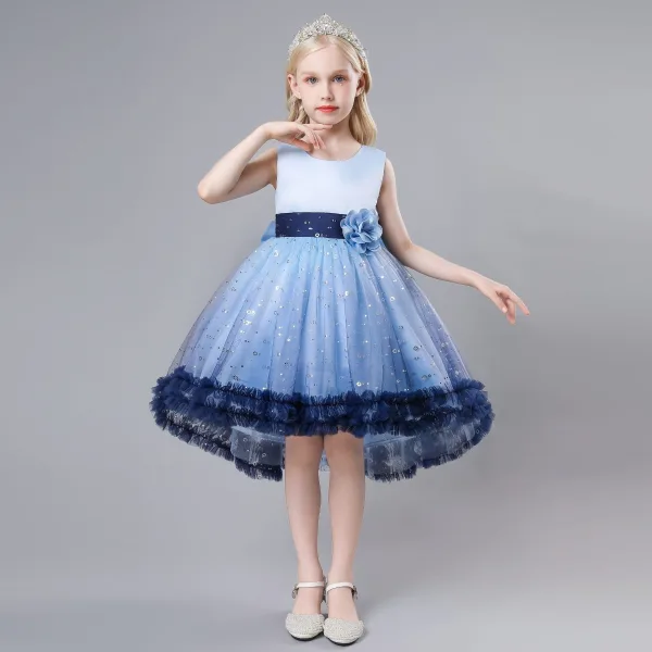 Chic / Beautiful Champagne Appliques Sequins Birthday Flower Girl Dresses 2023 A-Line / Princess Scoop Neck Sleeveless Bow Short Flower Girl Dresses